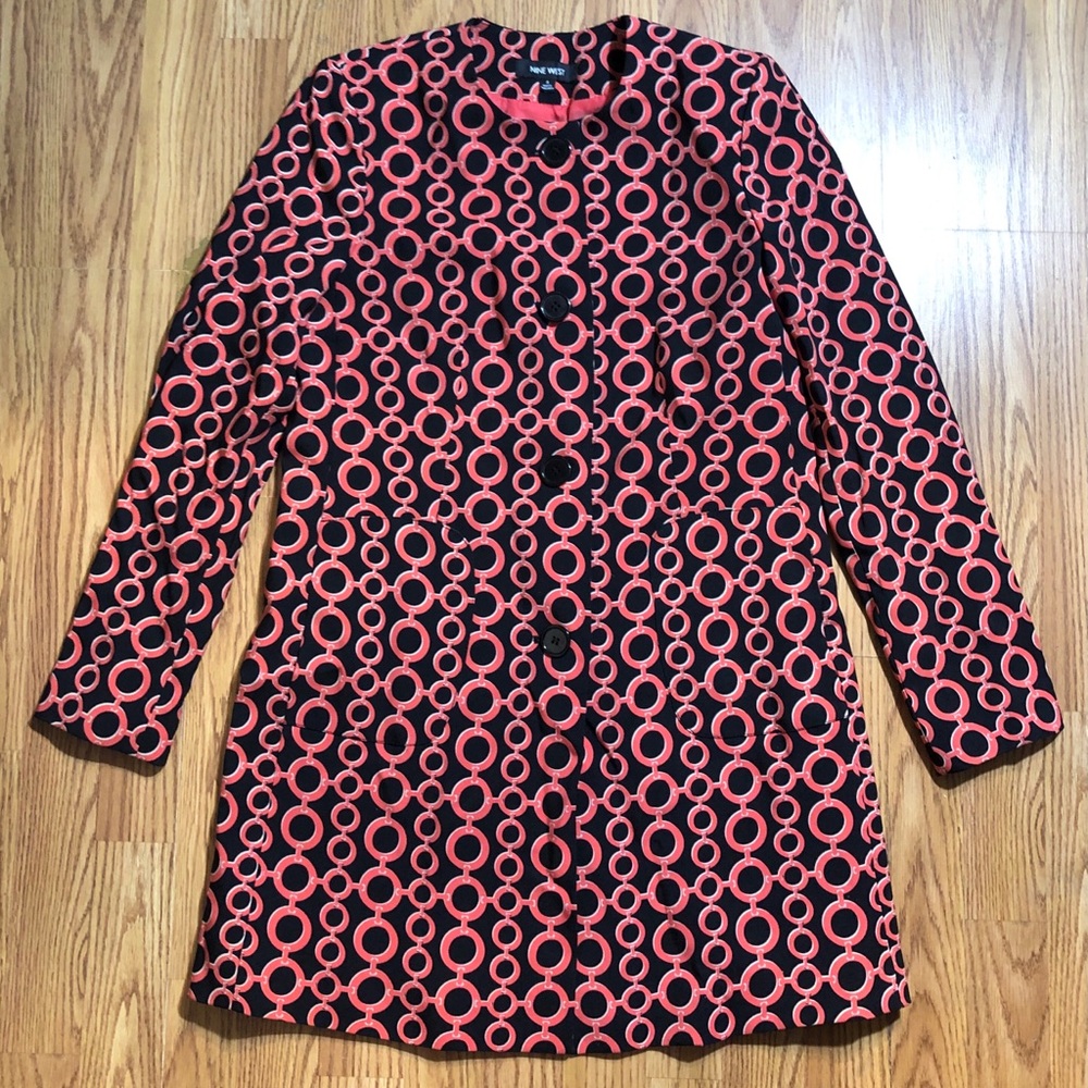 NINE WEST Chain Link Print Button Up Coat Sz 8 Vivid Pink & Black NWOT